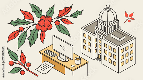 Illustration of office desk with computer, holly, berries, and building with dome in isometric view