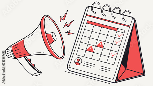 Cartoon illustration of a megaphone with lightning bolts and a calendar with check marks and alerts