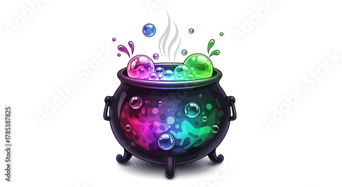 Enchanting brew illustration, mysterious potion bubbling in black cauldron, colorful design with
