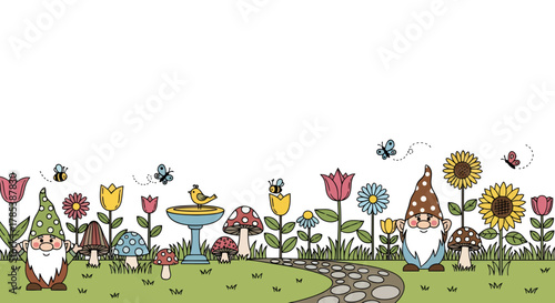 Enchanting gnome garden scene with whimsical gnomes, vibrant flowers, and playful insects