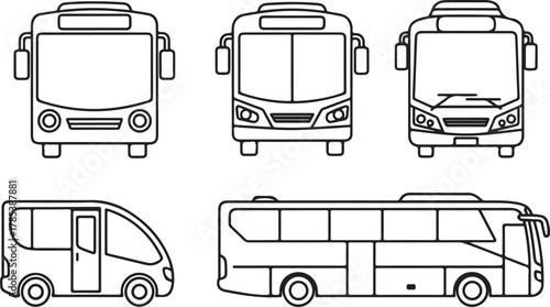 Various bus types illustrated with black outlines vehicle transportation