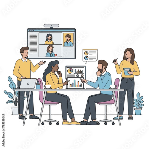 Team Collaboration and Communication Modern Office Meeting with Diverse Colleagues and Technology