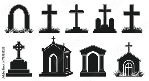 Cemetery gravestones vector illustration set of different styles