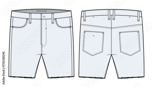 Men short jeans pant design technical flat sketch vector mockup template.