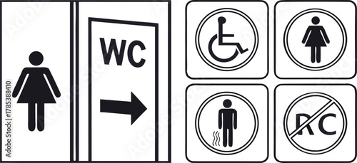 Restroom Icon: Clear, Universal Guide: a collection of restroom symbols in the universal, minimalist style, showcasing accessibility and gender inclusivity.