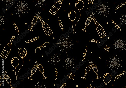Luxury gold New Year celebration pattern with champagne bottles, clinking glasses, balloons, stars, and fireworks on black background for festive designs

