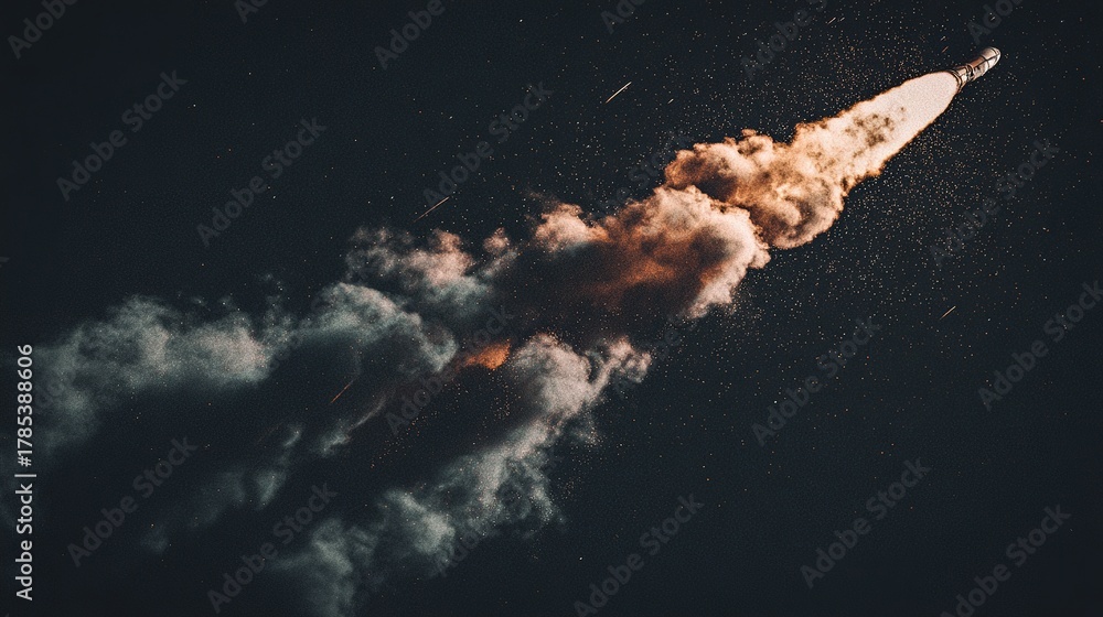 Fototapeta premium Abstract dynamic pattern of rocket launch, plume texture and particle trails