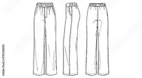Wide leg pants technical flat fashion sketch vector illustration
