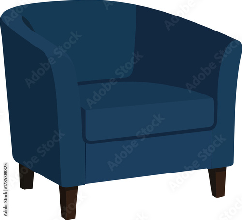 Cozy deep blue armchair with dark wood legs offers ultimate comfort for modern living rooms and inviting reading nooks