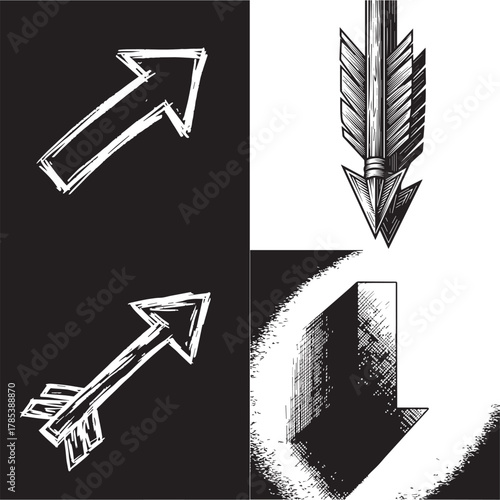 Monochromatic Arrow Designs Featuring Sketch, Woodcut, and Geometric Styles