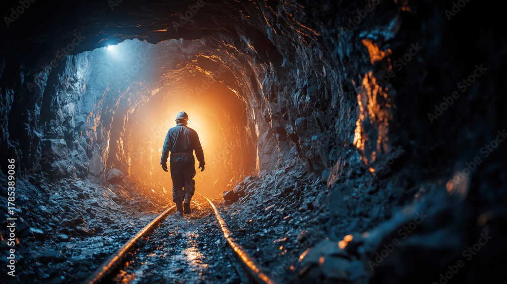 Fototapeta premium Miner Walking Through Dark Tunnel with Bright Light at End, Mining Industry Exploration Scene