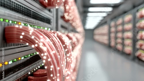 Fiber optic cables illuminated in a data center aisle