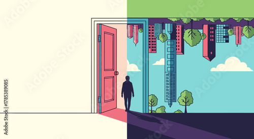 A person walks through an open door into an inverted, surreal cityscape, symbolizing a transition to an alternate reality or a new perspective.