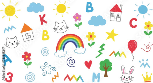 Childlike Drawing ABC Letters Rainbow Bunny Cat Crown House Sun on White Backdrop