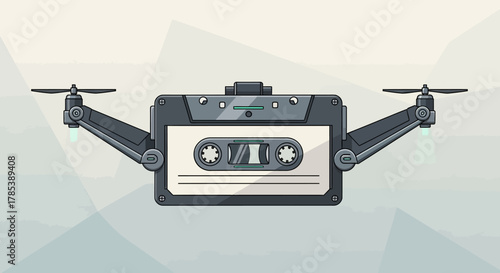 A creative illustration of a retro cassette tape transformed into a modern flying drone, blending old and new technology.