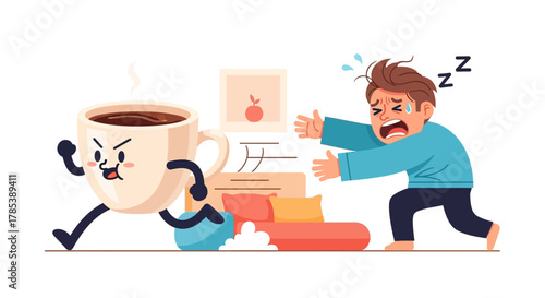 A sleepy person desperately chasing a running coffee cup in a humorous illustration.