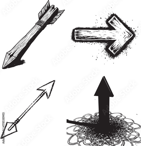 Collection of Grunge Textured Arrows Hand-drawn Black and White Illustration