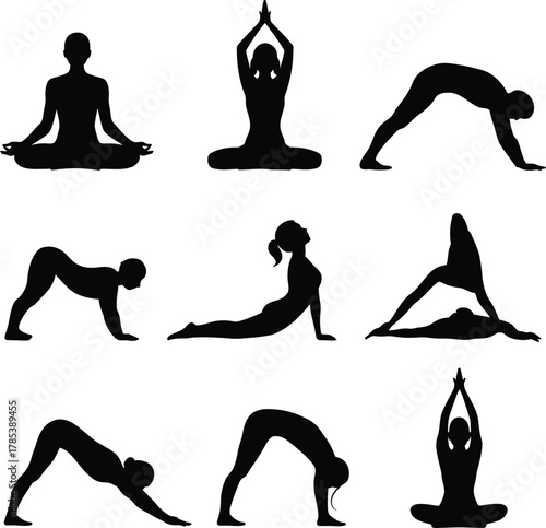 Black silhouettes of people in yoga poses white