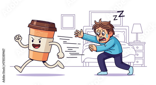 A man in a bedroom desperately chases a mischievous, angry coffee cup, symbolizing the struggle with morning energy and caffeine.