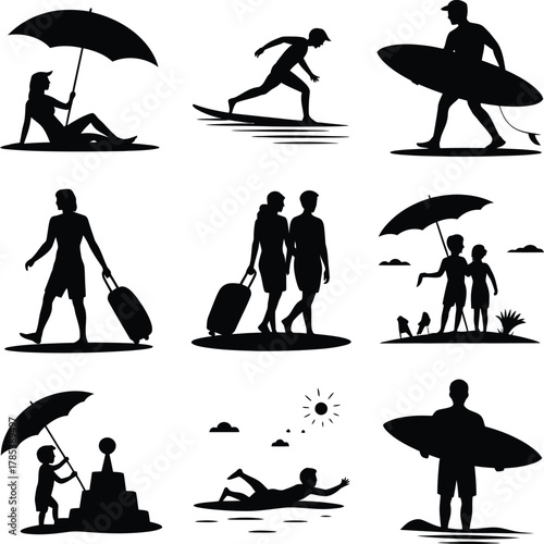 Beach vacation activities silhouette Bundle vector