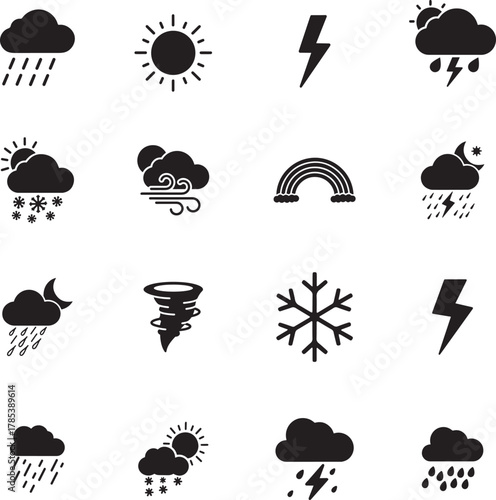 Weather Silhouette icon collection. Includes Silhouette symbols weather, climate, forecast, storm, sun, rain and more. Isolated icons. Weather icon set. Minimalist icons pack.