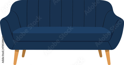 Stylish modern navy blue sofa with tapered wooden legs offers comfortable seating for contemporary living spaces and chic interiors