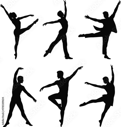 Ballet dancers in graceful poses silhouettes black