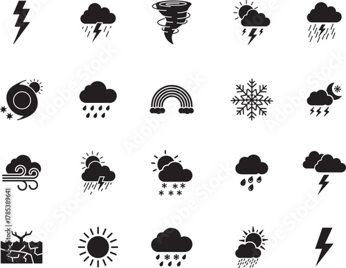 Weather Silhouette icon collection. Includes Silhouette symbols weather, climate, forecast, storm, sun, rain and more. Isolated icons. Weather icon set.