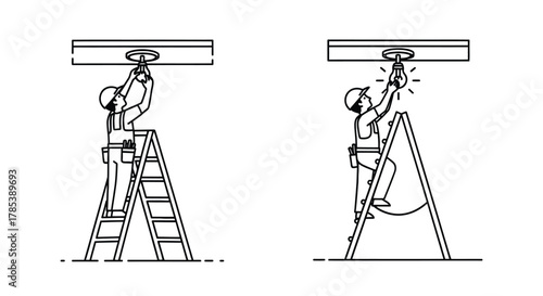 Electrician installing light bulb on ladder home improvement service