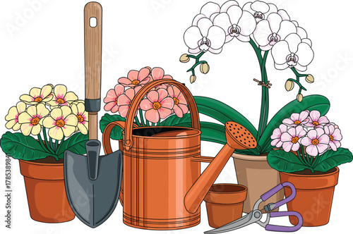 Potted Flowers and Gardening Tools Composition with Orchid, Primroses, Shovel, and Watering Can Vector