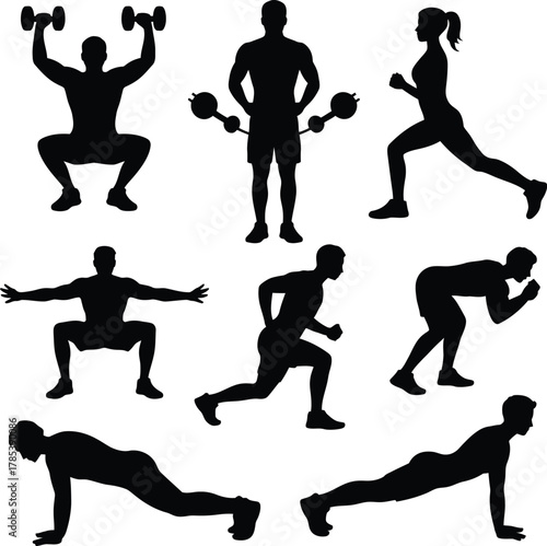 Athletic figures performing exercises silhouette fitness