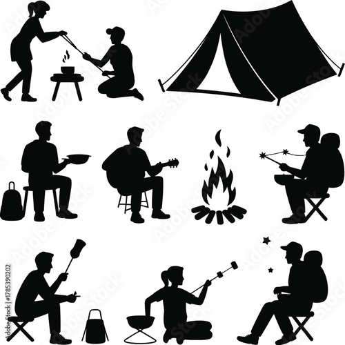 Camping activities silhouettes bundle people tent