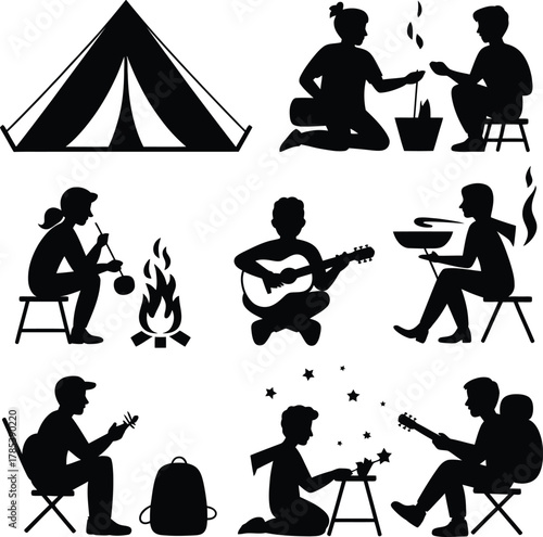Camping silhouettes people activities tent campfire