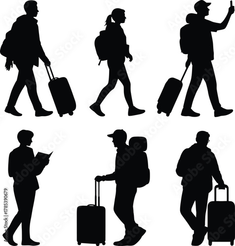 Travelers with luggage and book silhouette bundle