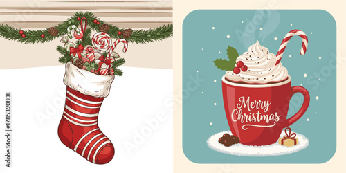 Hand-drawn Christmas Illustrations with Stocking, Hot Drink, and Holiday Sweets