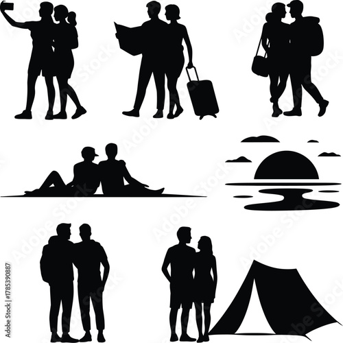 Couple silhouettes travel and leisure vacation selfie