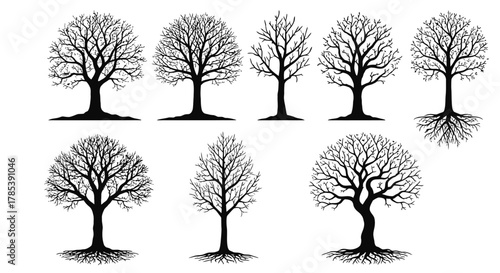 Collection of bare tree silhouettes vector graphic design assets