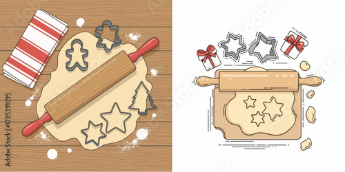 Dual Style Christmas Cookie Baking Illustration with Flat Lay and Line Art