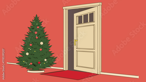 A christmas tree stands next to an open door on a red background with a red rug in the foreground