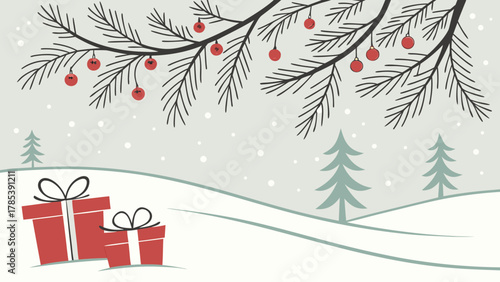 Winter scene with christmas tree branch red ornaments gifts and snow covered hills creating a festive mood
