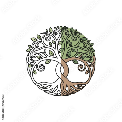 Stylized Tree of Life forming an infinity symbol, representing the eternal cycle of nature, balance, and duality