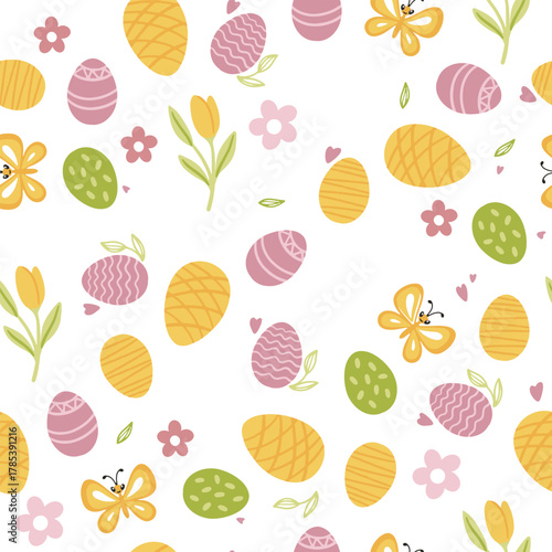 Colorful Easter bunny with eggs and flowers. Easter basket with eggs and sheep. Easter parity and pattern. Easter background for postcard, banner.	