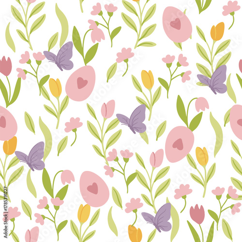 Colorful Easter bunny with eggs and flowers. Easter basket with eggs and sheep. Easter parity and pattern. Easter background for postcard, banner.	