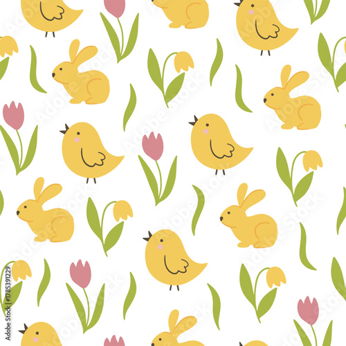 Colorful Easter bunny with eggs and flowers. Easter basket with eggs and sheep. Easter parity and pattern. Easter background for postcard, banner.	