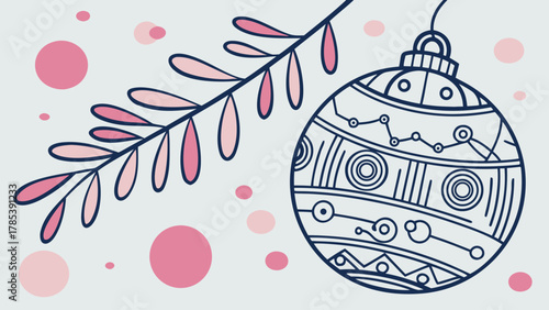 Ornament with geometric patterns hanging from a branch with pink leaves and pink circles around it