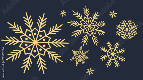 Illustration of golden snowflakes of various sizes and styles on a dark blue background creating a winter scene