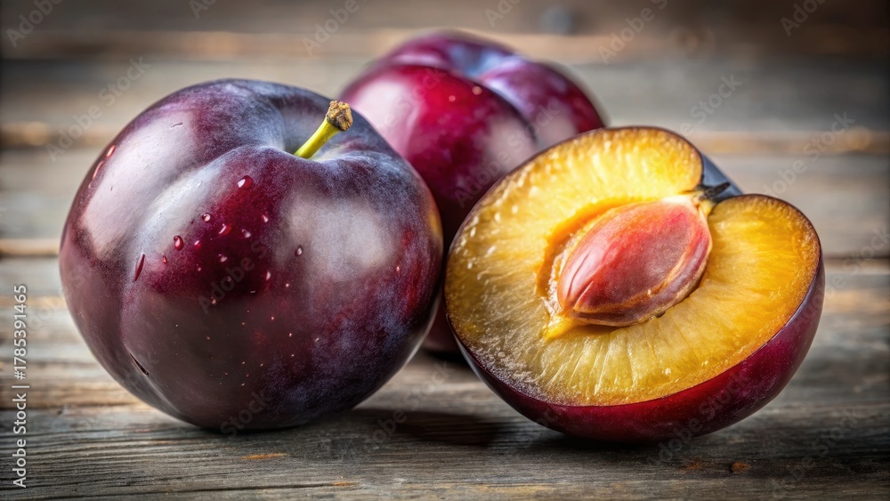 Fototapeta premium Two Plums with Whole and Halved Variations Displaying Juicy Deep Purple Flesh