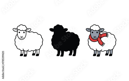 Three sheep one black silhouette two white with scarf