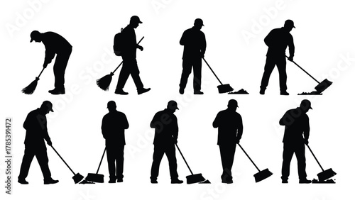 Cleaning and sweeping workers silhouettes isolated on white background, Vector