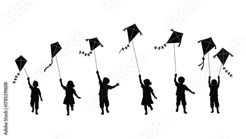 Children flying kites silhouette isolated on white background, Vector